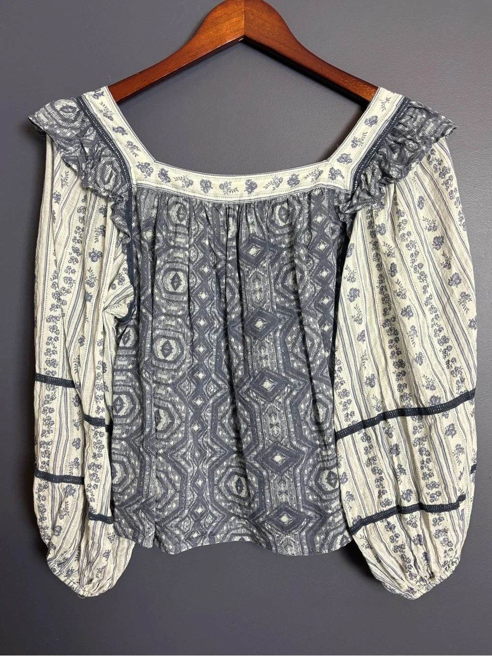 Free People Mostly Meadow Blouse Small Blue White Peasant Summer Cottagecore